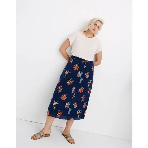 Madewell Atrium Silk Skirt Bird of Paradise Floral Navy Women's 10 Resort Euro - Picture 15 of 16